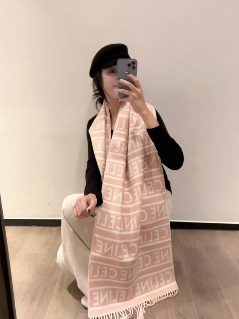 Celine Logo Stripe Pattern Wool Blend Scarf Pink & Cream With Carry Bag