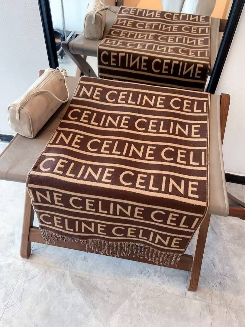 Celine Logo Stripe Pattern Wool Blend Scarf Brown & Beige With Carry Bag