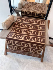 Celine Logo Stripe Pattern Wool Blend Scarf Brown & Beige With Carry Bag
