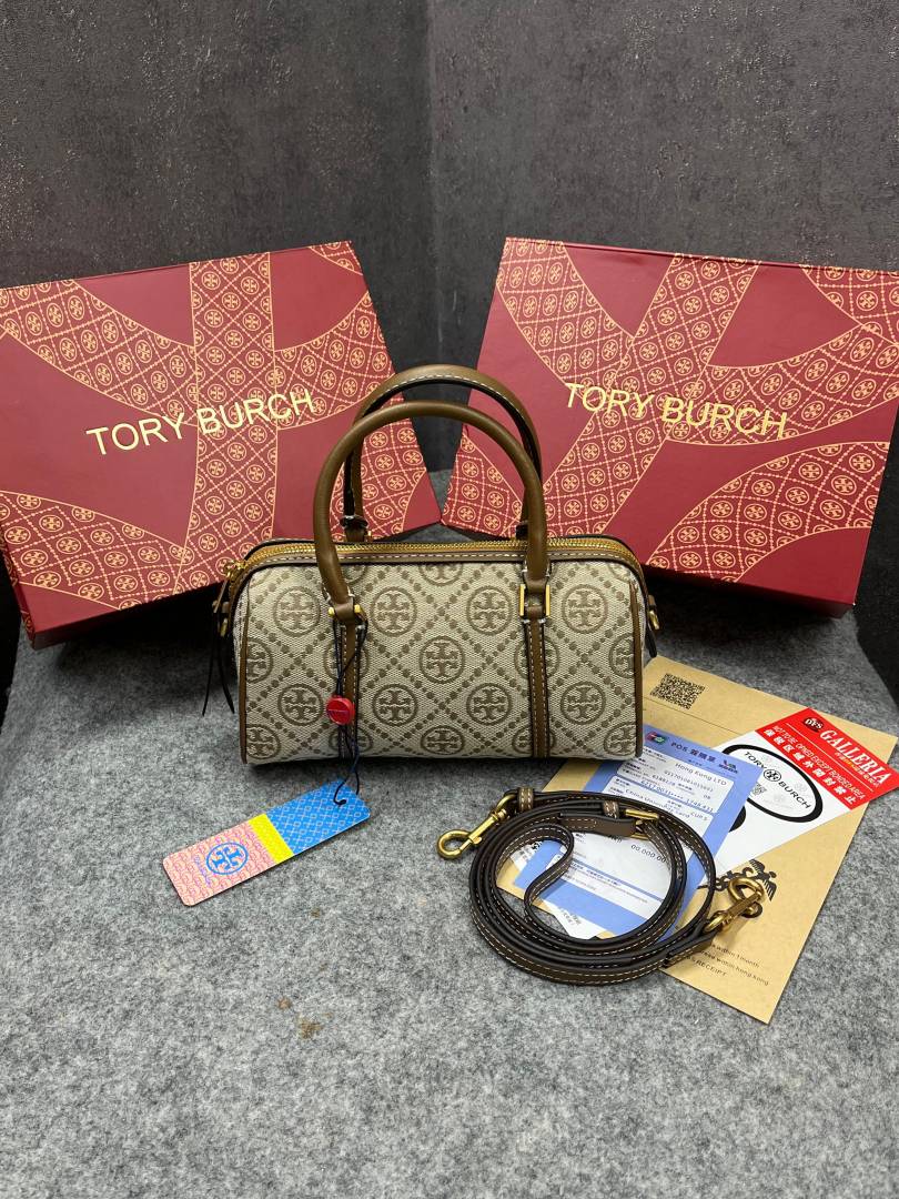 Tory Burch T Monogram Speedy Barrel Bag Hazelnut Brown Jacquard With OG Box & Dust Cover 163259