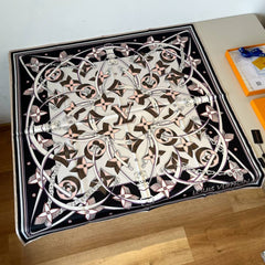 Louis Vuittion Monogram Chain & Floral Print Silk Square Scarf Black Beige & Pink With Carry Bag