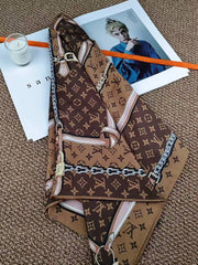 Louis Vuittion Monogram Chain & Leather Strap Print Silk Square Scarf Brown & Beige With Carry Bag