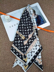 Louis Vuittion Monogram Chain & Leather Strap Print Silk Square Scarf Black & White With Carry Bag