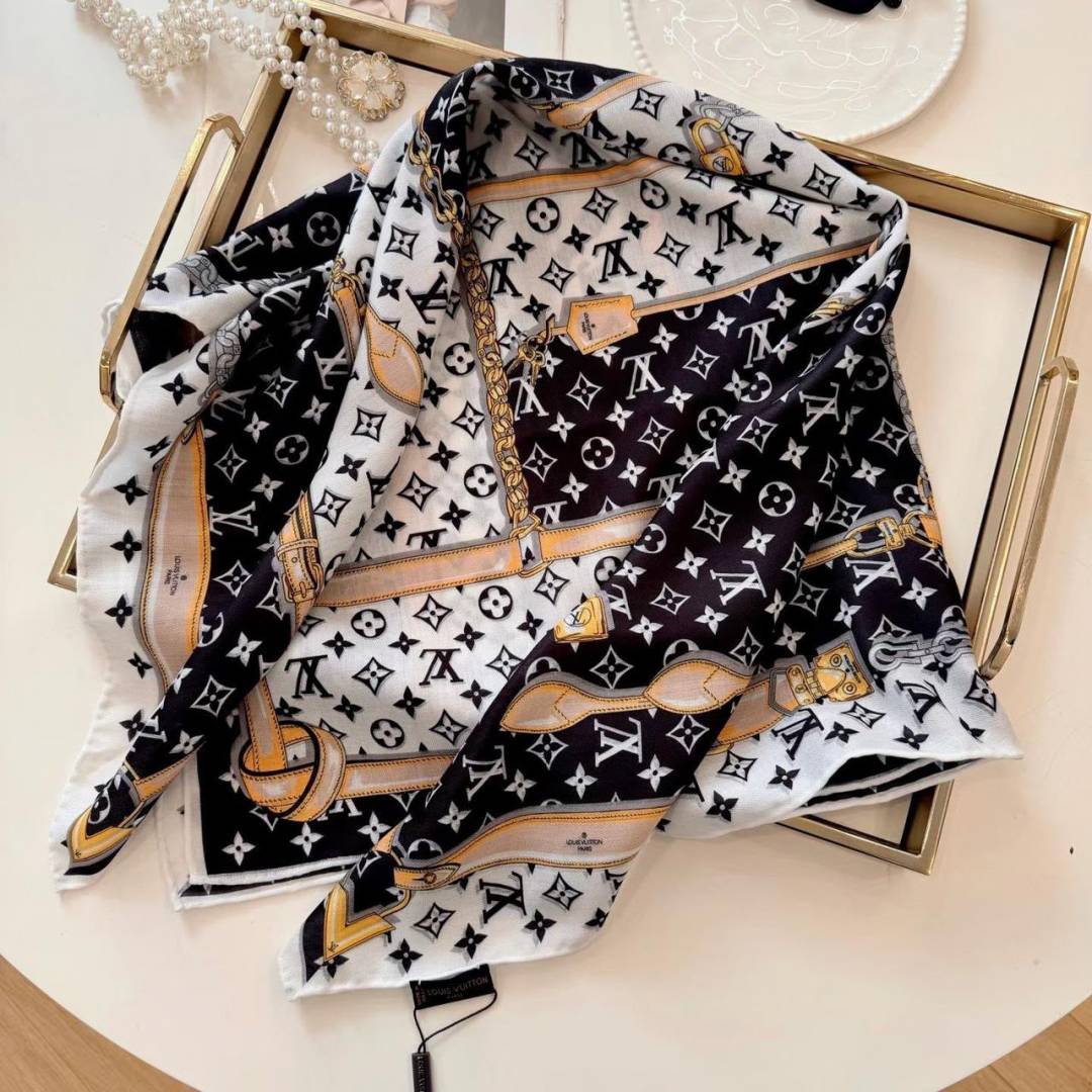 Louis Vuittion Monogram Chain & Leather Strap Print Silk Square Scarf Black & White With Carry Bag