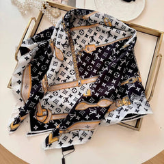 Louis Vuittion Monogram Chain & Leather Strap Print Silk Square Scarf Black & White With Carry Bag