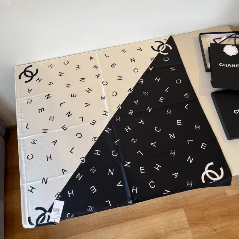Chanel CC Logo & Scattered Letter Print Silk Square Scarf Black & Beige With Carry Bag
