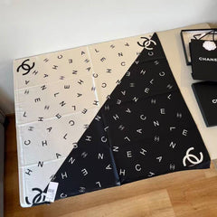 Chanel CC Logo & Scattered Letter Print Silk Square Scarf Black & Beige With Carry Bag