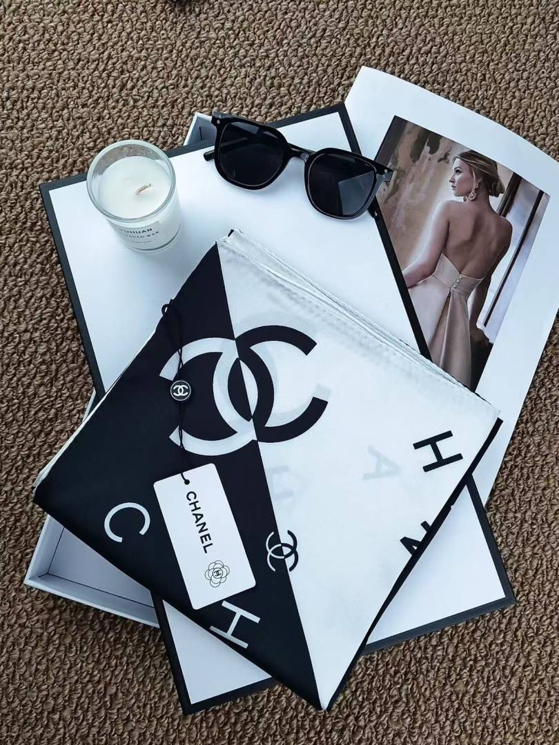 Chanel CC Logo & Scattered Letter Print Silk Square Scarf Black & Beige With Carry Bag