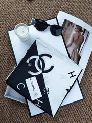 Chanel CC Logo & Scattered Letter Print Silk Square Scarf Black & Beige With Carry Bag