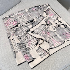 Chanel CC Logo Birdcage Print Silk Square Scarf White & Pink With Carry Bag