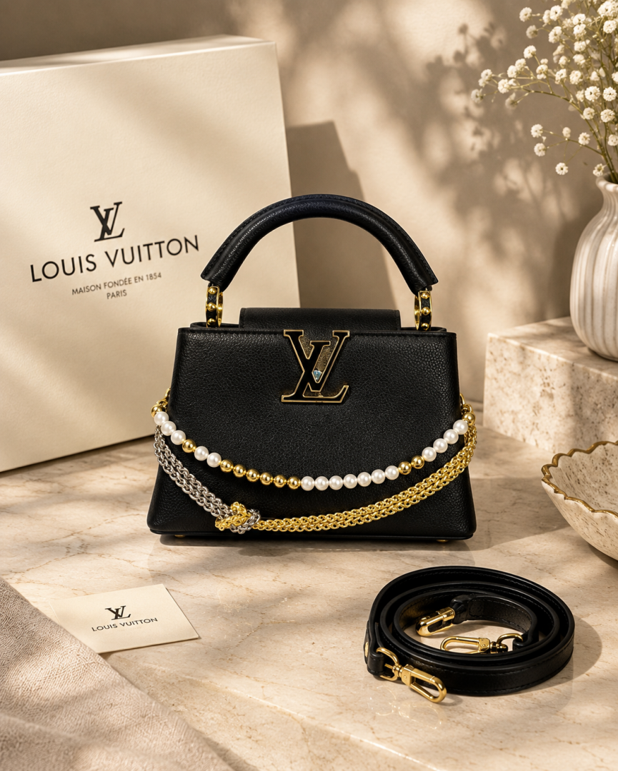 Louis Vuittion Capucines Black Leather Top Handle Shoulder Bag With Pearl & Gold Chain LV Logo Detachable Strap With OG Box Dust Cover & Carry Bag