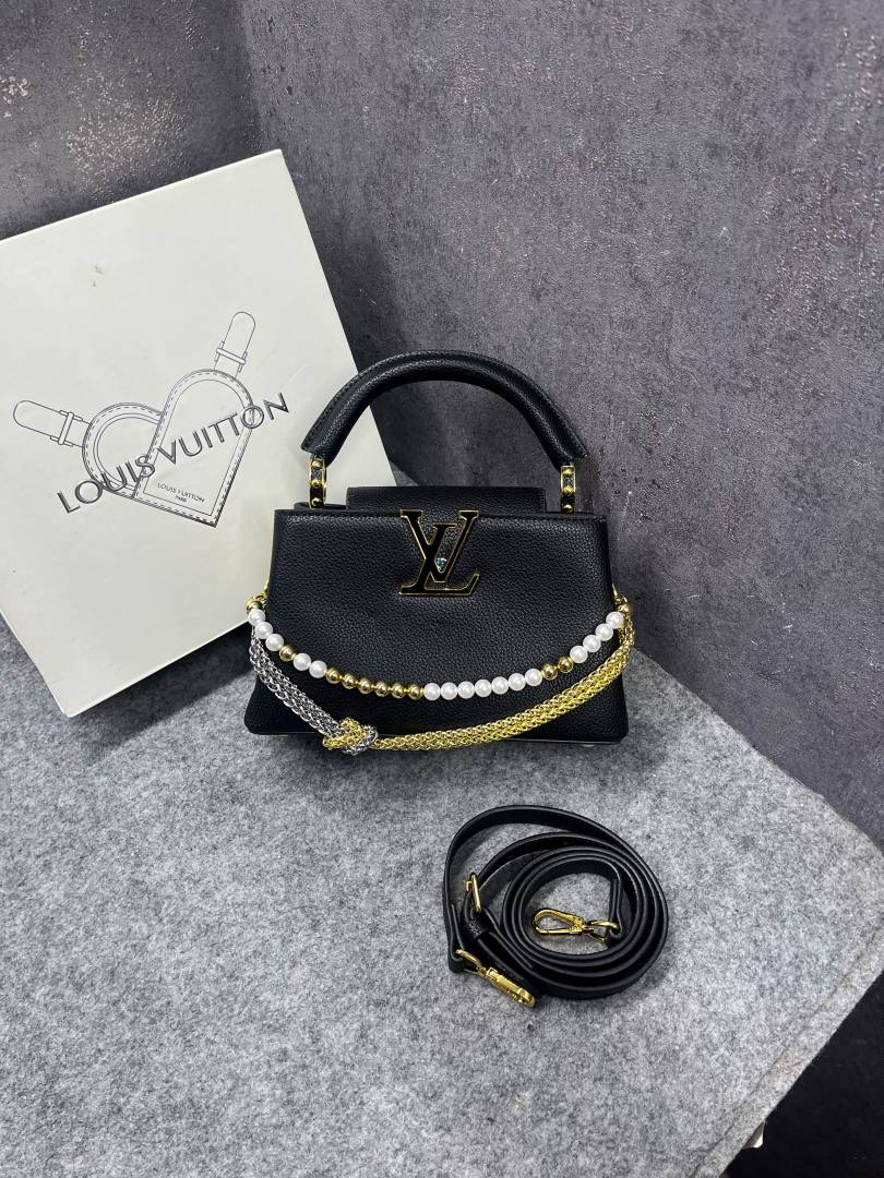 Louis Vuittion Capucines Black Leather Top Handle Shoulder Bag With Pearl & Gold Chain LV Logo Detachable Strap With OG Box Dust Cover & Carry Bag
