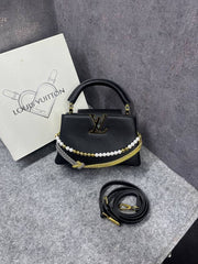 Louis Vuittion Capucines Black Leather Top Handle Shoulder Bag With Pearl & Gold Chain LV Logo Detachable Strap With OG Box Dust Cover & Carry Bag
