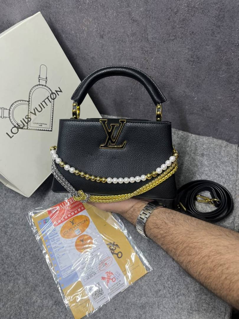 Louis Vuittion Capucines Black Leather Top Handle Shoulder Bag With Pearl & Gold Chain LV Logo Detachable Strap With OG Box Dust Cover & Carry Bag
