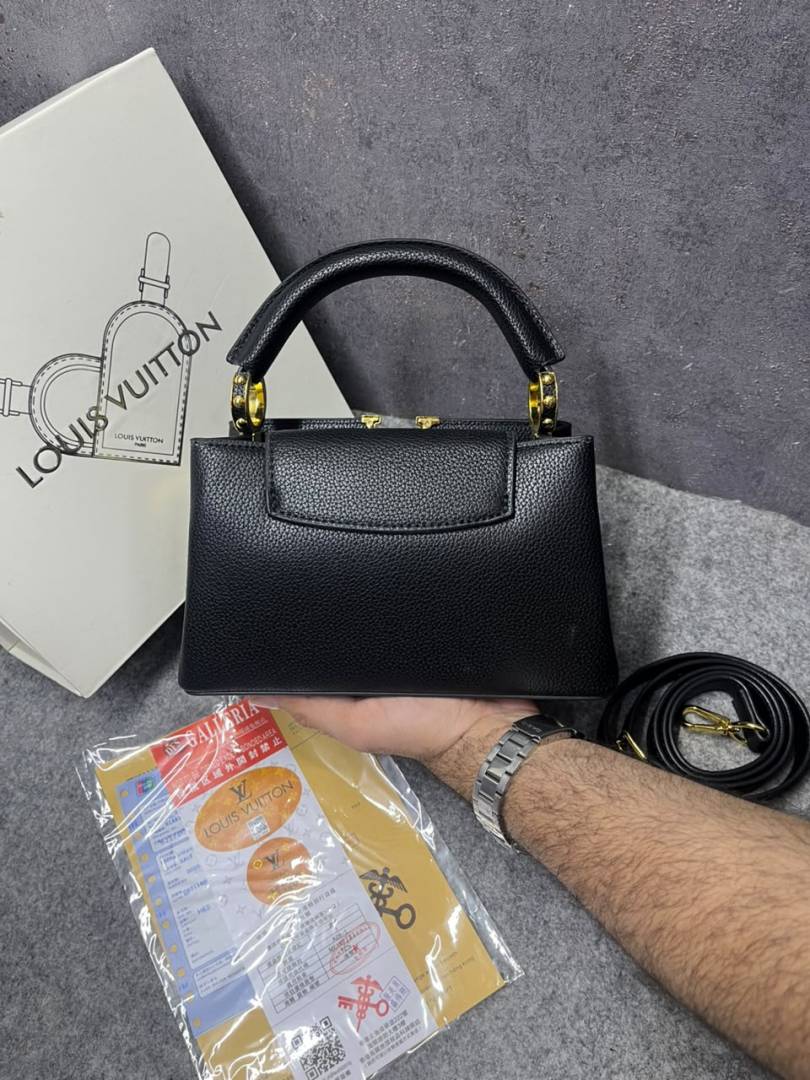Louis Vuittion Capucines Black Leather Top Handle Shoulder Bag With Pearl & Gold Chain LV Logo Detachable Strap With OG Box Dust Cover & Carry Bag