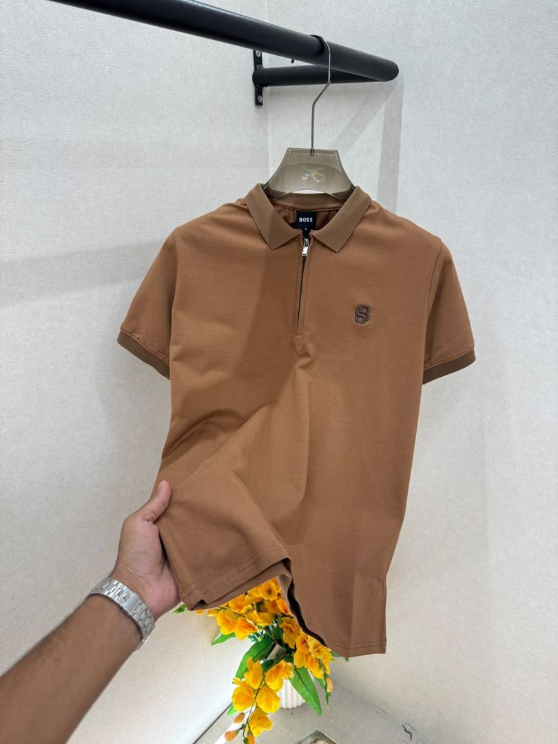 Boss Brown Zipper Polo Premium Collar Neck T-shirt With Brand Box Packing F4102-BR