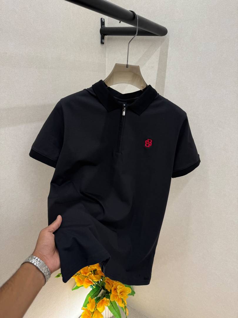 Boss Black Zipper Polo Premium Collar Neck T shirt With Brand Box Packing F4102 BL