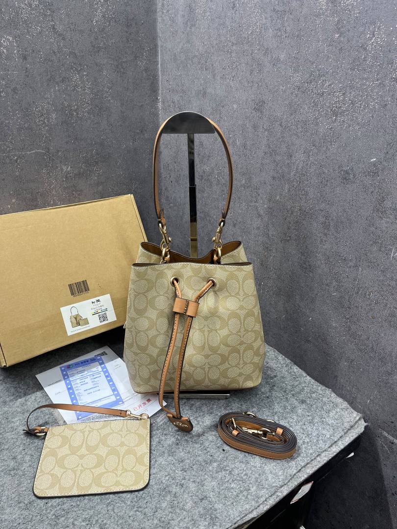 Coach Rowan Signature Khakhi Brown Bucket Bag With Small Removable Zip Pouch With OG Box & Dust cover Khakhi Brown