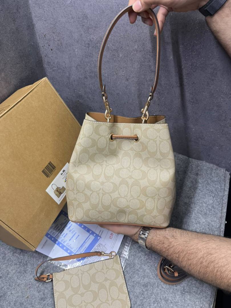 Coach Rowan Signature Khakhi Brown Bucket Bag With Small Removable Zip Pouch With OG Box & Dust cover Khakhi Brown