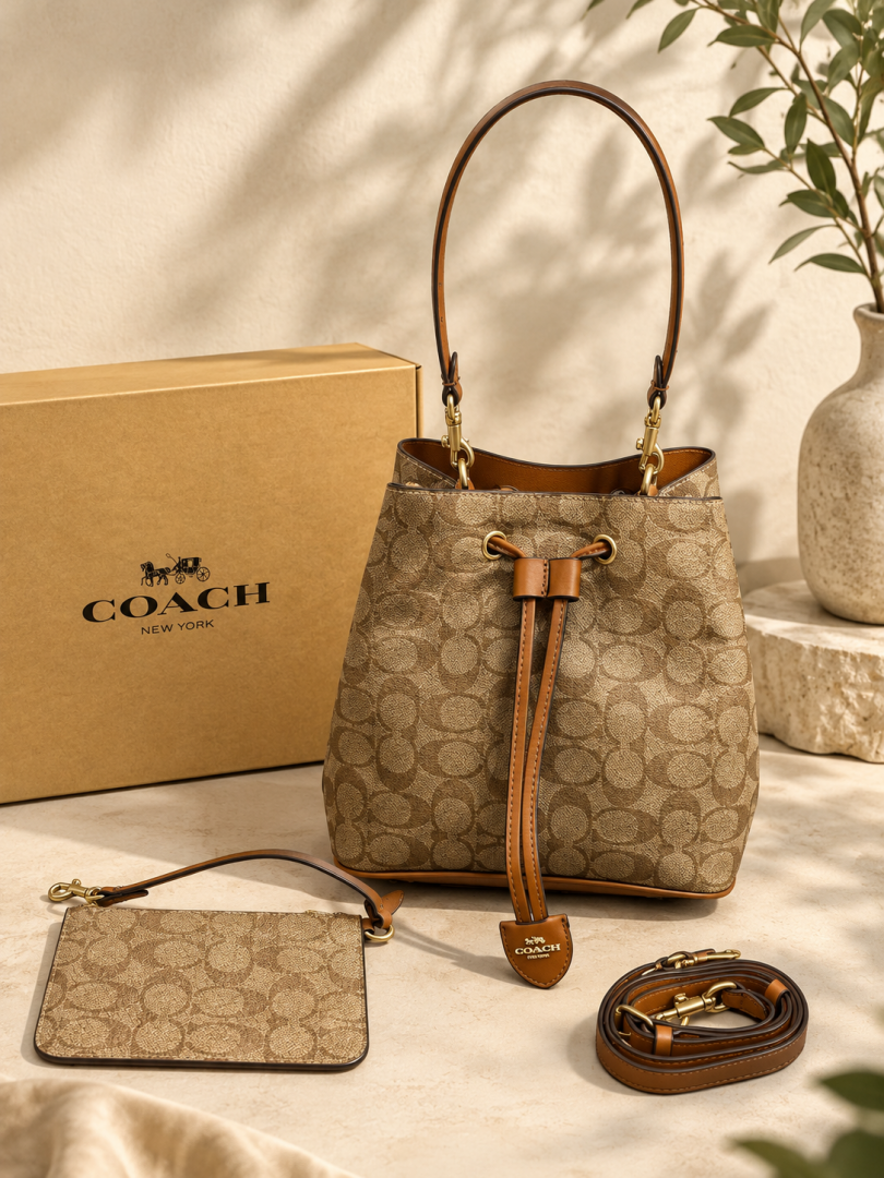Coach Rowan Signature Brown Bucket Bag With Small Removable Zip Pouch With OG Box & Dust cover Presbyopia Brown