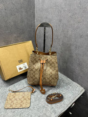 Coach Rowan Signature Brown Bucket Bag With Small Removable Zip Pouch With OG Box & Dust cover Presbyopia Brown