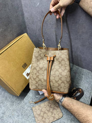 Coach Rowan Signature Brown Bucket Bag With Small Removable Zip Pouch With OG Box & Dust cover Presbyopia Brown