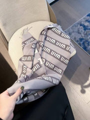 Miu Miu Logo Stripe Wool Blend Scarf Grey & White With Carry Bag