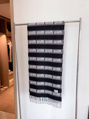Miu Miu Logo Stripe Wool Blend Scarf Black & Grey With Carry Bag