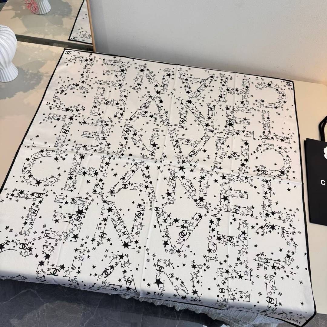Chanel CC Logo & Star Print Silk Square Scarf White & Black With Carry Bag