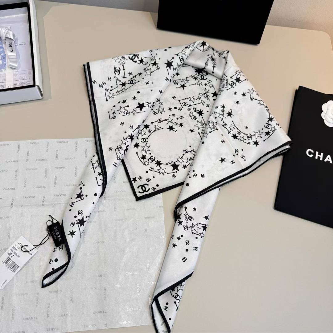 Chanel CC Logo & Star Print Silk Square Scarf White & Black With Carry Bag