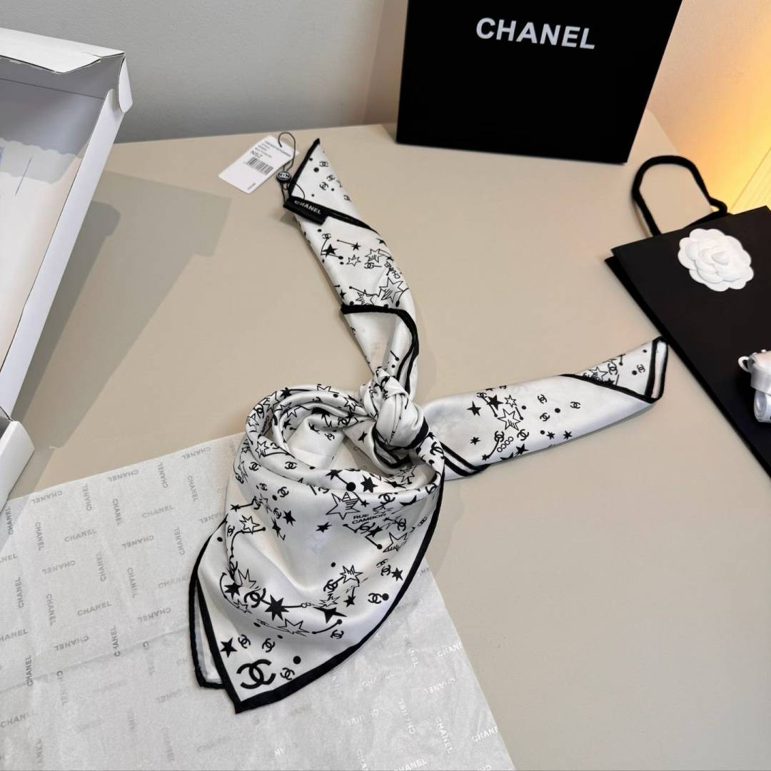 Chanel CC Logo & Star Print Silk Square Scarf White & Black With Carry Bag