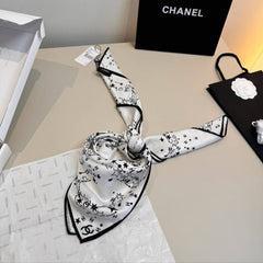 Chanel CC Logo & Star Print Silk Square Scarf White & Black With Carry Bag