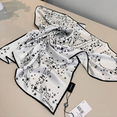 Chanel CC Logo & Star Print Silk Square Scarf White & Black With Carry Bag