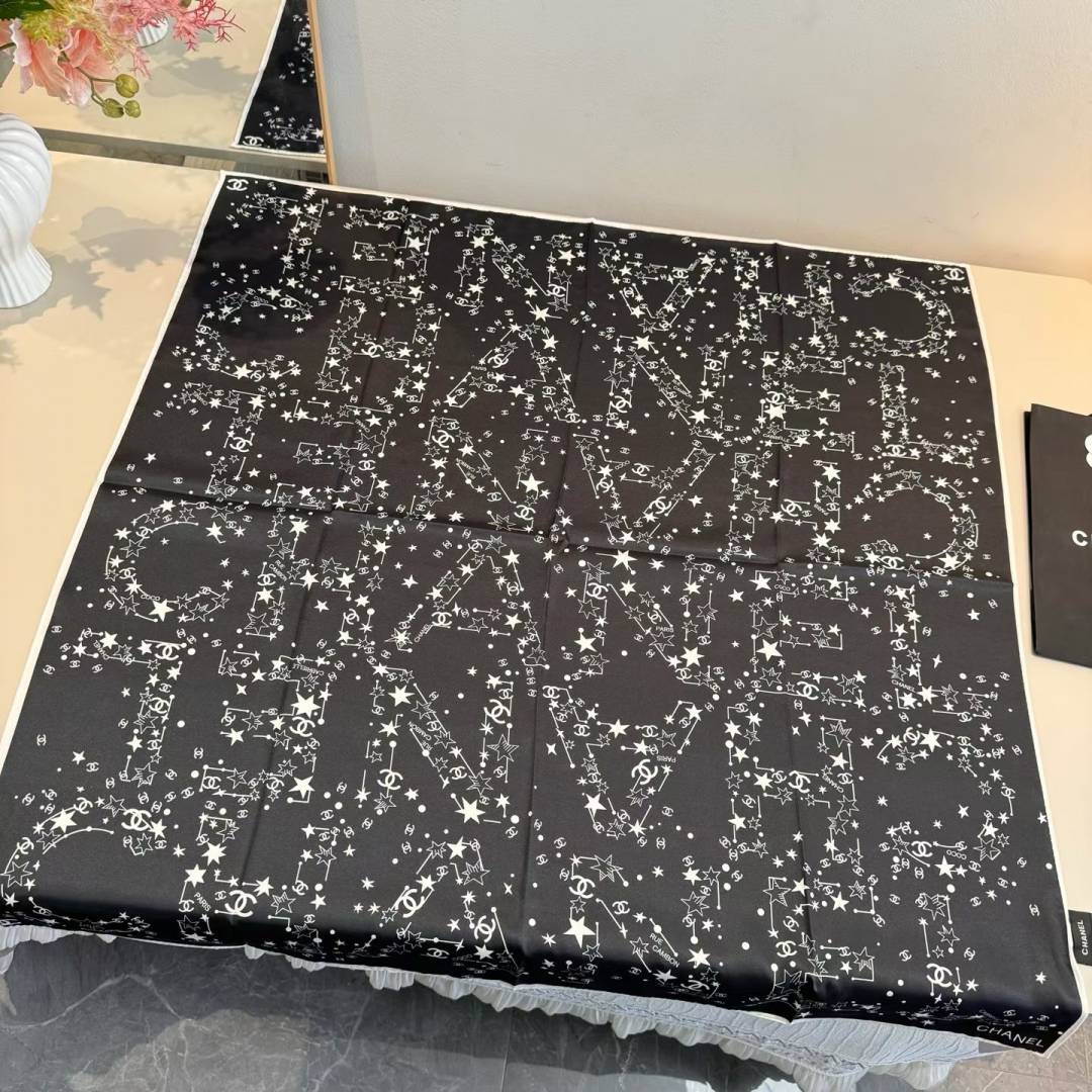 Chanel CC Logo & Star Print Silk Square Scarf Black & White With Carry Bag