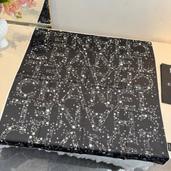 Chanel CC Logo & Star Print Silk Square Scarf Black & White With Carry Bag