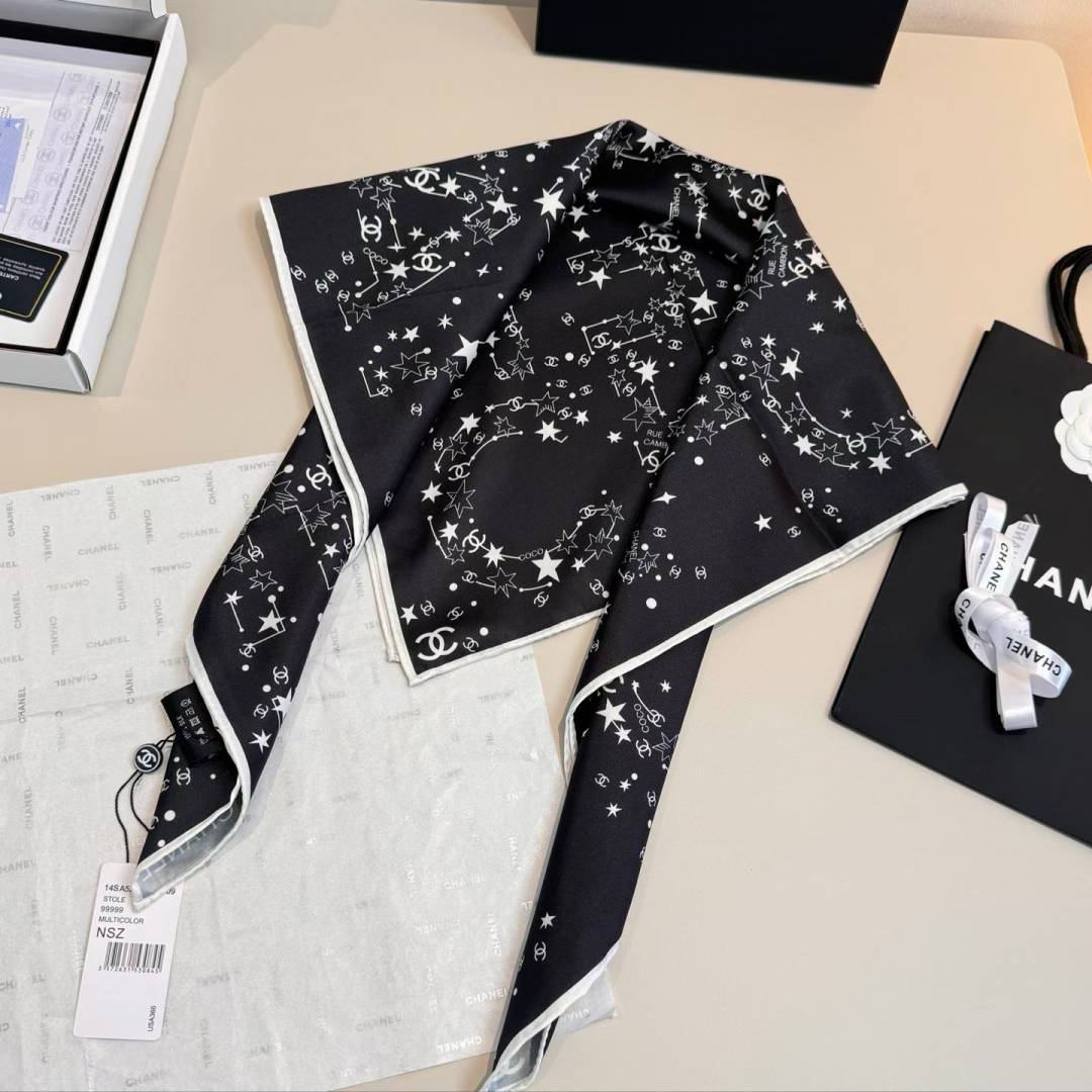 Chanel CC Logo & Star Print Silk Square Scarf Black & White With Carry Bag