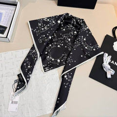 Chanel CC Logo & Star Print Silk Square Scarf Black & White With Carry Bag