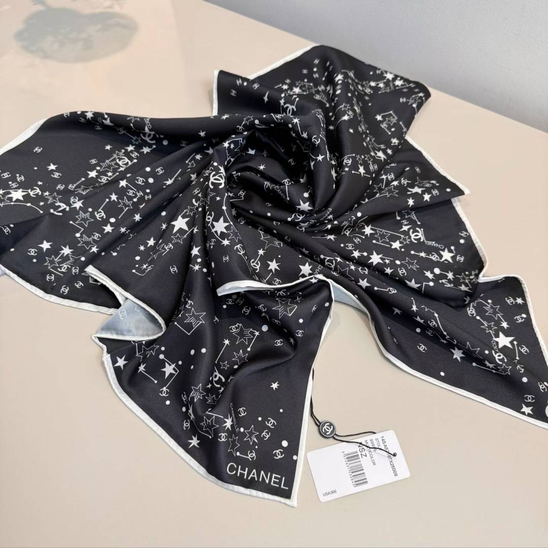 Chanel CC Logo & Star Print Silk Square Scarf Black & White With Carry Bag