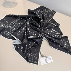 Chanel CC Logo & Star Print Silk Square Scarf Black & White With Carry Bag