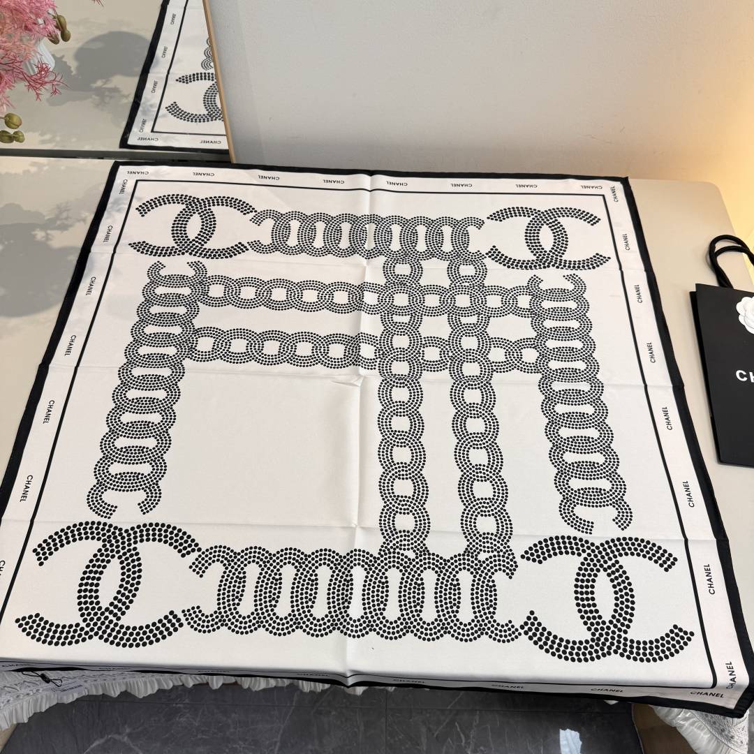 Chanel CC Logo & Chain Link Print Silk Square Scarf White & Black With Carry Bag