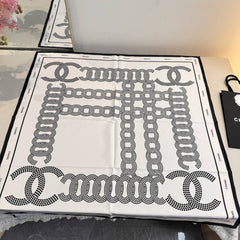 Chanel CC Logo & Chain Link Print Silk Square Scarf White & Black With Carry Bag
