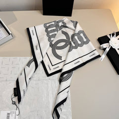 Chanel CC Logo & Chain Link Print Silk Square Scarf White & Black With Carry Bag