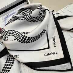 Chanel CC Logo & Chain Link Print Silk Square Scarf White & Black With Carry Bag