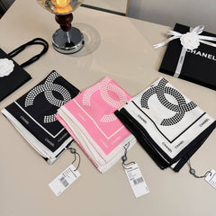 Chanel CC Logo & Chain Link Print Silk Square Scarf White & Black With Carry Bag