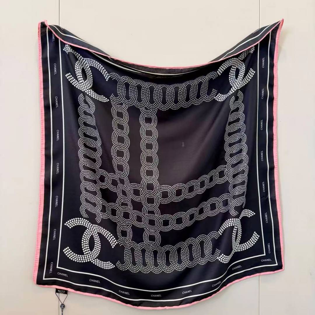 Chanel CC Logo & Chain Link Print Silk Square Scarf White & Black With Carry Bag