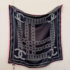 Chanel CC Logo & Chain Link Print Silk Square Scarf White & Black With Carry Bag