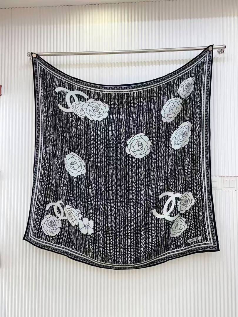 Chanel CC Logo & Rose Floral Print Silk Square Scarf Black & White With Carry Bag
