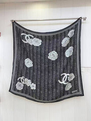 Chanel CC Logo & Rose Floral Print Silk Square Scarf Black & White With Carry Bag