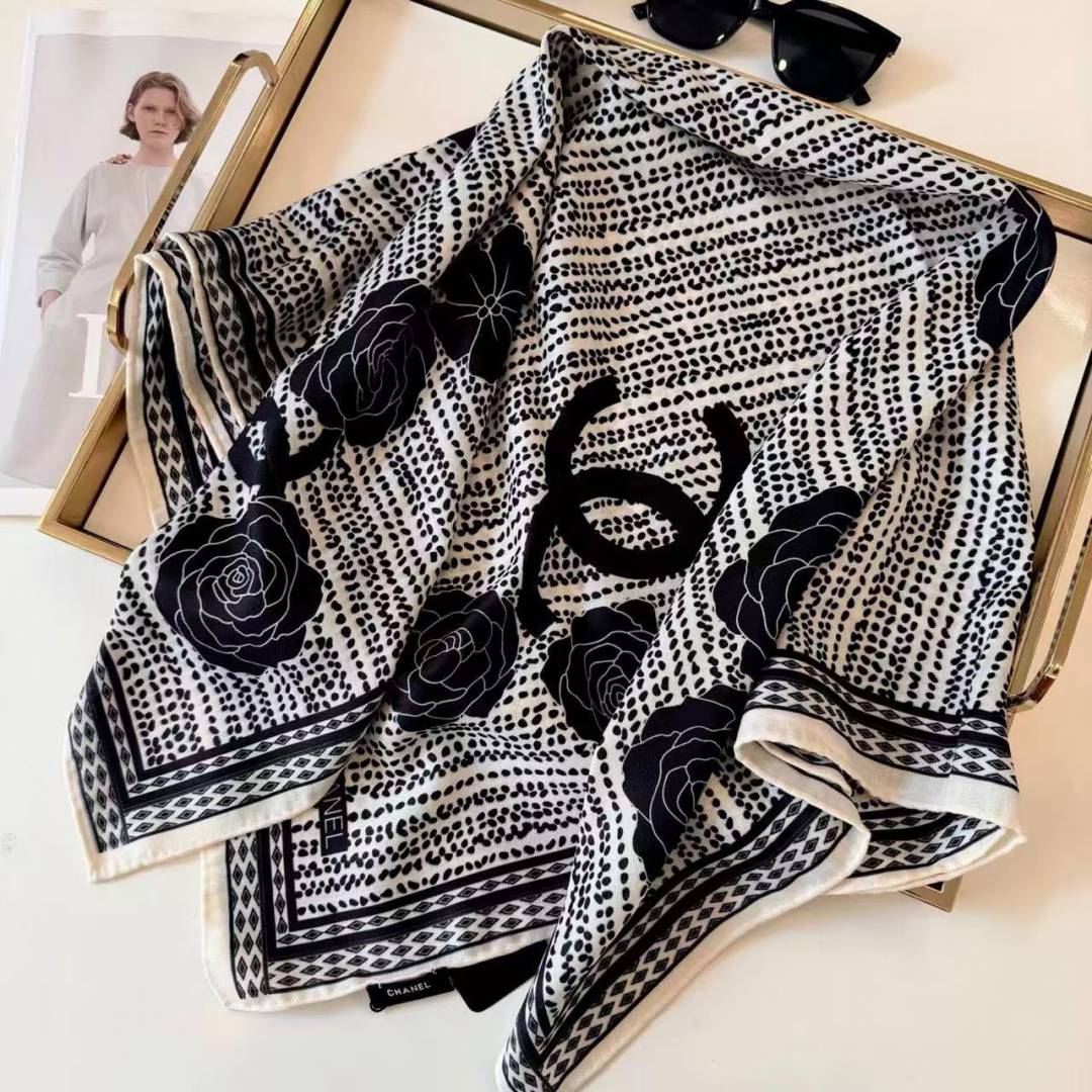 Chanel CC Logo & Rose Floral Polka Dot Print Silk Square Scarf White & Black With Carry Bag