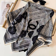 Chanel CC Logo & Rose Floral Polka Dot Print Silk Square Scarf White & Black With Carry Bag